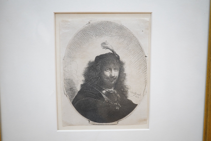 After Rembrandt (Dutch, 1606-1669), two 19th century etchings comprising Self portrait and ‘J Wtenbogaert, American preacher’, one signed in the plate, largest 23 x 18cm. Condition - fair